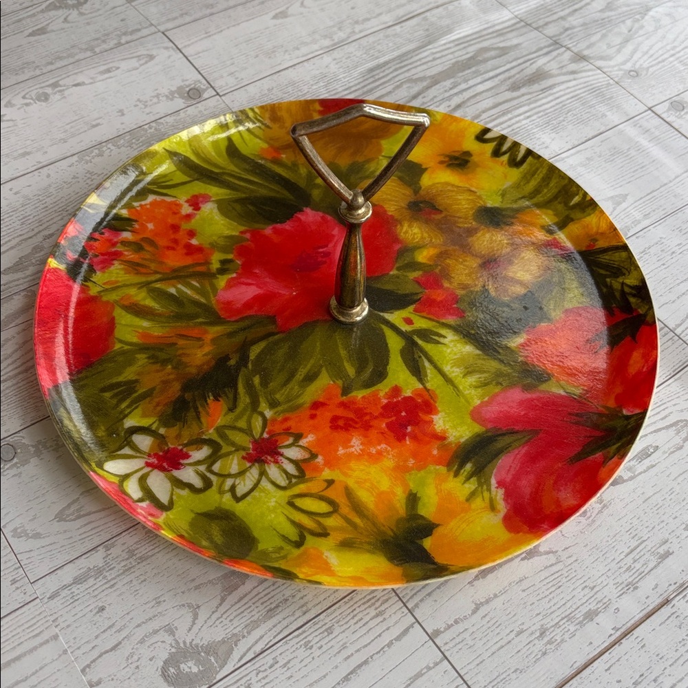 vintage mid-century modern MCM‎ fiberglass serving platter retro floral pattern